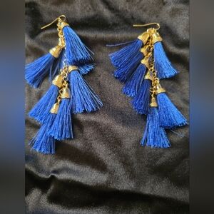 Fashion Royal Blue Tassel, Fringe Earrings with Gold Accents